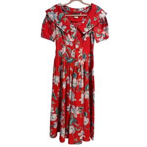 Vintage Carol Anderson Bright Coral White Lillies Maxi Dress - Size 9/10